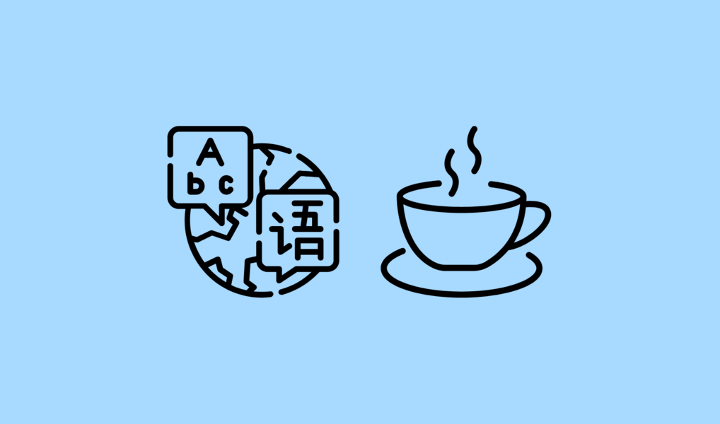 Grafik med globus og sprog, og en kaffe