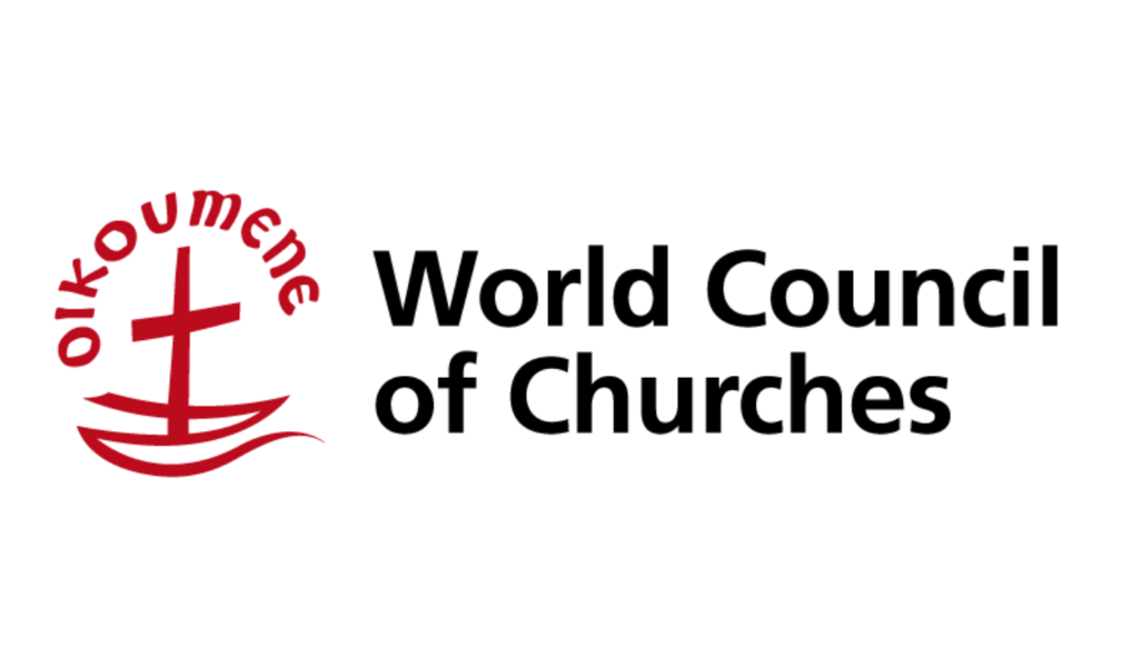 Kirkernes Verdensråds logo. Billedet viser et rødt kors i en rød båd med teksten i rød "Oikoumene" , og derefter teksten i sort "World Council of Churches"