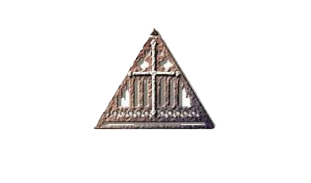 Porvoo Fællesskabets logo. En trekant, fra en husgavl på en kirke. Kors i midten. 