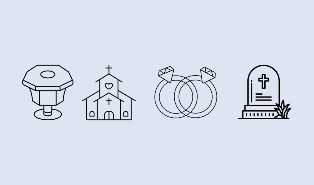 Grafik med døbefond, kirke, ringe og gravsten